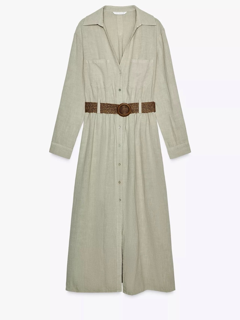 Zara Light Sage Button-Front Midi Dress with Woven Brown Belt